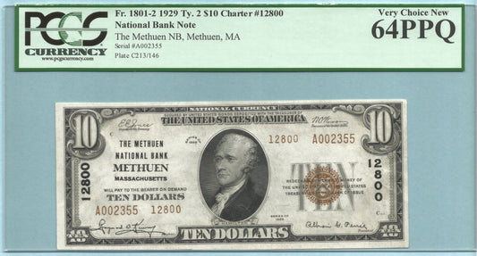 $10 National Currency 1929 T2 - Ch#12800 - Methuen NB, Methuen, MA - PCGS 64PPQ