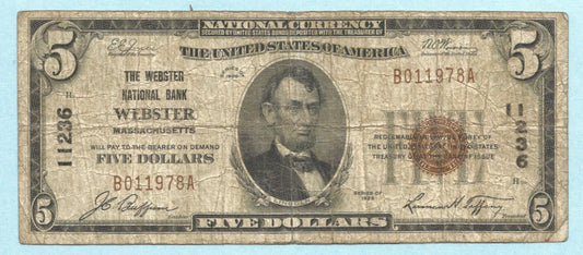 $5 National Currency 1929 - Type 1 - Ch#11236 - Webster NB, Webster, MA - Fine