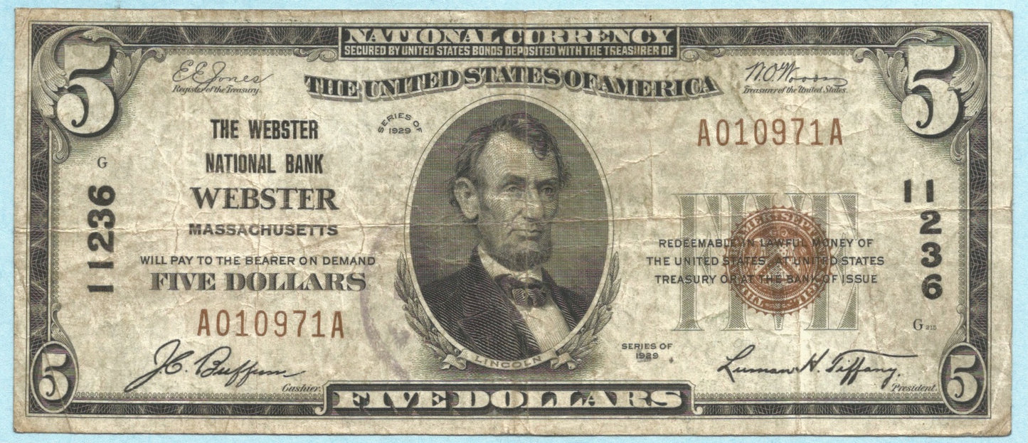 $5 National Currency 1929-T1 Ch#11236 - Webster National Bank, Webster, MA - VF+