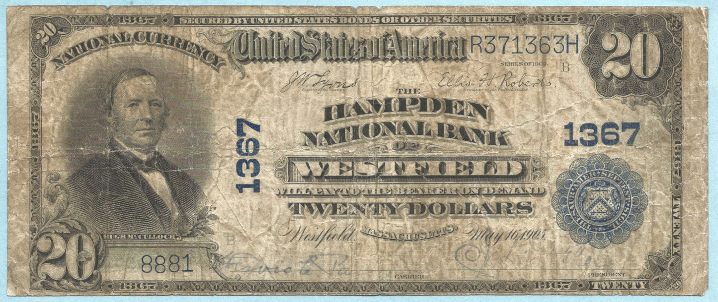 $20 National Currency 1902-PB Ch#1367 Hampden NB, Westfield, MA - F+