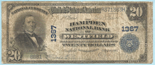$20 National Currency 1902-PB Ch#1367 Hampden NB, Westfield, MA - F+