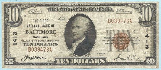$10 National Currency 1929-T1 - Ch#1413 - 1st NB, Baltimore, MD - VF+