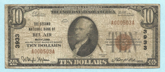 $10 National Currency 1929 - Type 1 - Ch#3933 - 2nd NB, Bel Air, MD - F+