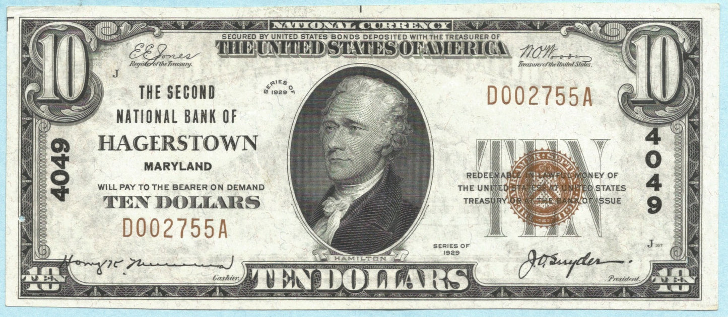 $10 National Currency 1929-T1 - Ch#4049 - 2nd NB, Hagerstown, MD - AU+