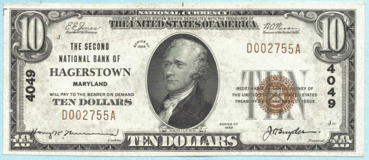 $10 National Currency 1929-T1 - Ch#4049 - 2nd NB, Hagerstown, MD - AU+