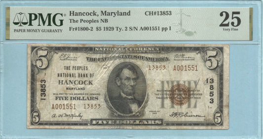 $5 National Currency 1929-T2 - Ch#13853 - Peoples NB, Hancock, MD - PMG 25