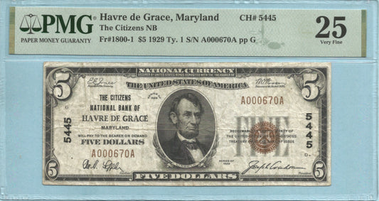 $5 National Currency 1929-T1 - Ch#5445 - Citizens NB, Havre De Grace, MD - PMG 25