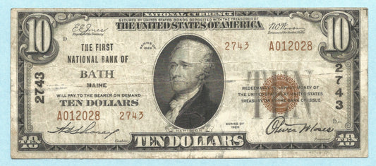 $10 National Currency 1929 - Type 2 - Ch#2743 - 1st NB, Bath, ME - VF+