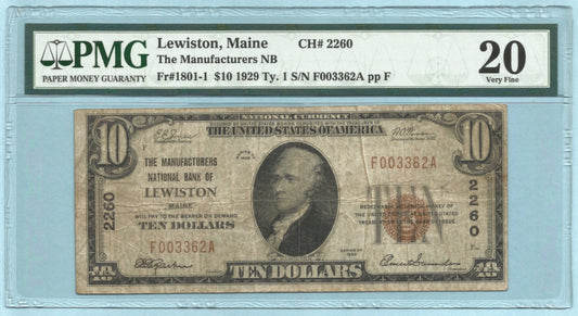 $10 National Currency 1929-T1 - Ch#2260 - Manufacturers NB, Lewiston, ME - PMG 20