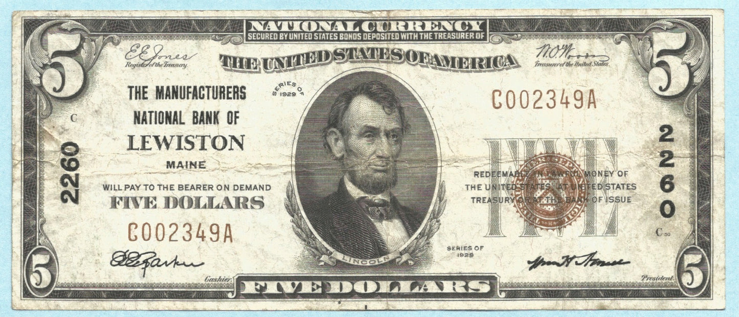$5  National Currency 1929 T1 - Ch#2260 Manufacturers NB, Lewiston, ME - VF+