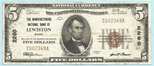 $5  National Currency 1929 T1 - Ch#2260 Manufacturers NB, Lewiston, ME - VF+