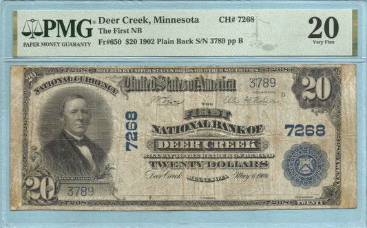 $20 National Currency 1902-PB Ch#7268 - 1st NB, Deer Creek, MN - PMG 20