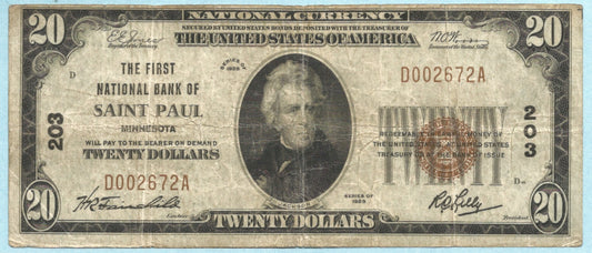 $20 National Currency 1929-T1 - Ch#203 - 1st NB, Saint Paul, MN - F+/VF