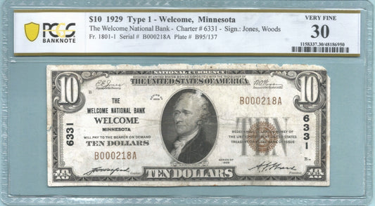 $10 National Currency 1929-T1 - Ch#6331 - Welcome NB, Welcome, MN - PCGS 30