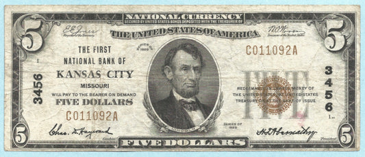 $5  National Currency 1929 T1 - Ch#3456 - 1st NB, Kansas City, MO - VF+