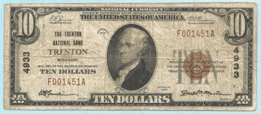 $10 National Currency 1929-T1 - Ch#4933 - Trenton NB, Trenton, MO - VF