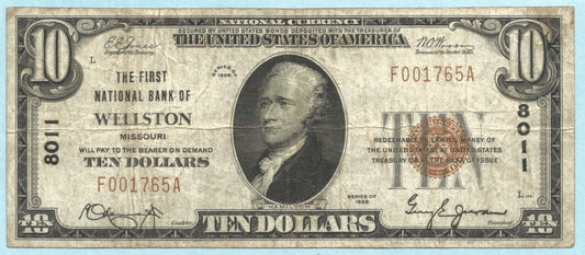 $10 National Currency 1929-T1 - Ch#8011 - 1st NB, Wellston, MO - VF+