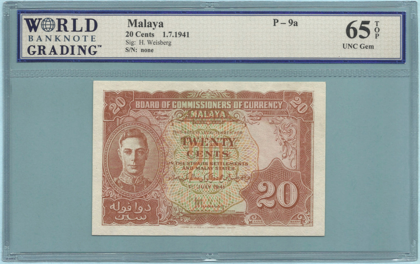 Malaya 20 Cents - 1.7.1941 - P#9a - Banknote - WBG 65 TOP
