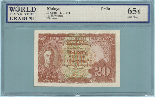 Malaya 20 Cents - 1.7.1941 - P#9a - Banknote - WBG 65 TOP