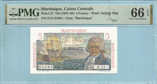Martinique 5 Francs ND(1947-49) - P#27 - PMG 66 EPQ