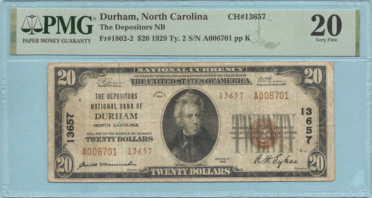 $20 National Currency 1929-T2 - Ch#13657 - Depositors NB, Durham, NC - PMG 20