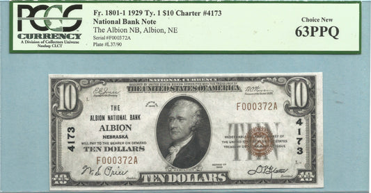 $10 National Currency 1929-T1 - Ch#4173 - Albion NB, Albion, NE - PCGS 63PPQ