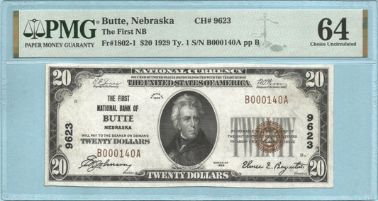 $20 National Currency 1929-T1 - Ch#9623 - 1st National Bank, Butte, NE - PMG 64
