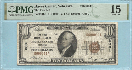 $10 National Currency 1929-T1 - Ch#8031 - 1st NB, Hayes Center, NE - PMG 15