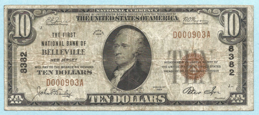 $10 National Currency 1929 - T1 - Ch#8382 - 1st NB, Belleville, NJ - VF+