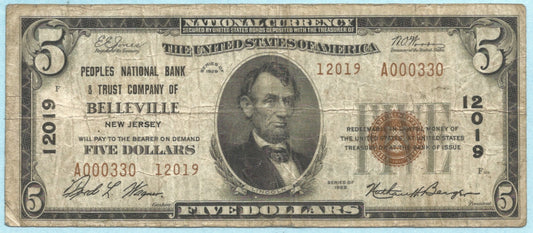 $5 National Currency 1929-T2 Ch#12019 - Peoples NB & TC, Belleville, NJ - F+/VF