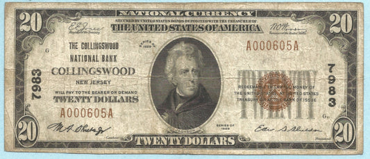 $20 National Currency 1929-T1 - Ch#7983 - Collingswood NB, Collingswood, NJ - VF