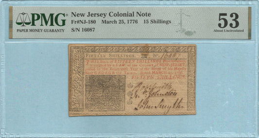 15 Shillings Colonial Currency - 3.25.1776 - Fr#NJ-180 - PMG 53