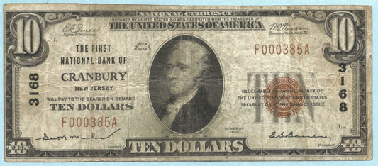 $10 National Currency 1929-T1 Ch#3168 - 1st National Bank, Cranbury, NJ - F+/VF