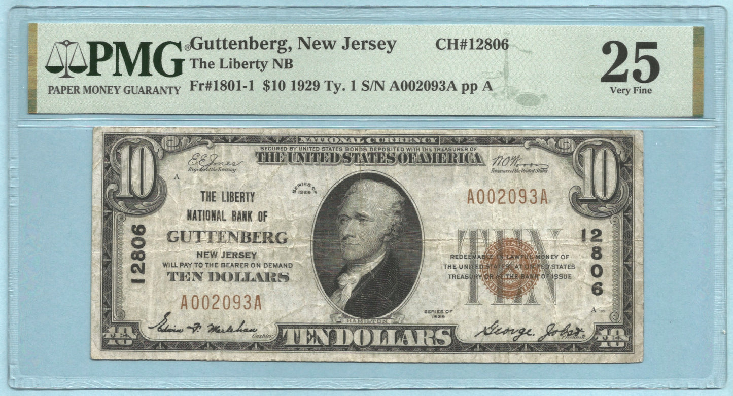 $10 National Currency 1929 T1 Ch#12806 - Liberty NB, Guttenberg, NJ - PMG 25