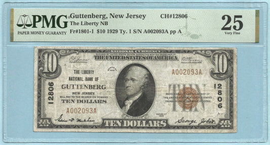 $10 National Currency 1929 T1 Ch#12806 - Liberty NB, Guttenberg, NJ - PMG 25