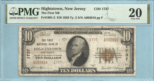 $10 National Currency 1929-T2 - Ch#1737 - 1st NB, Hightstown, NJ - PMG 20