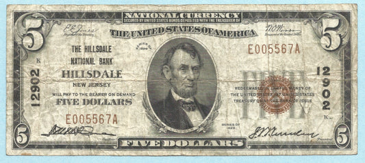$5 National Currency 1929 - Type 1 - Ch#12902 - Hillsdale NB, Hillsdale, NJ - VF