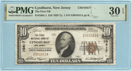 $10 National Currency 1929 T1 Ch#10417 - 1st NB, Lyndhurst, NJ - PMG 30 EPQ