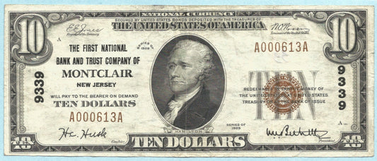 $10 National Currency 1929-T1 - Ch#9339 - 1st NB&TC, Montclair, NJ - VF+/ChVF