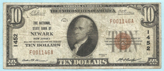 $10 National Currency 1929 T1 - Ch#1452 - National State Bank, Newark, NJ - VF
