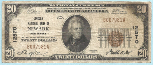 $20 National Currency 1929-T1 - Ch#12570 - Lincoln NB, Newark, NJ - VF/VF+