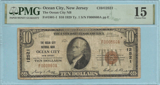 $10 National Currency 1929-T1 Ch#12521 - Ocean City NB, Ocean City, NJ - PMG 15