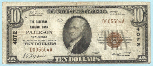 $10 National Currency 1929 T1 - Ch#4072 - Paterson NB, Paterson, NJ - VF