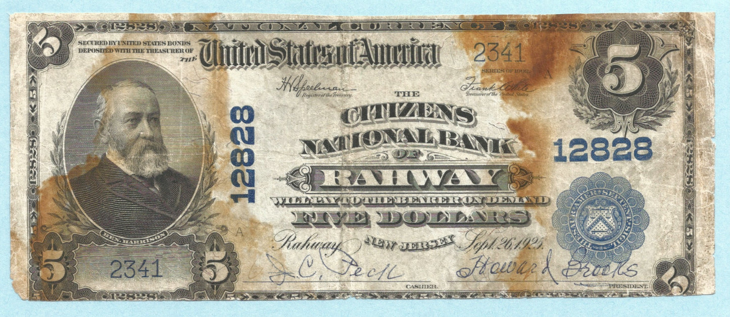 $5 National Currency 1902 PB - Ch#12828 - Citizens NB, Rahway, NJ - F+