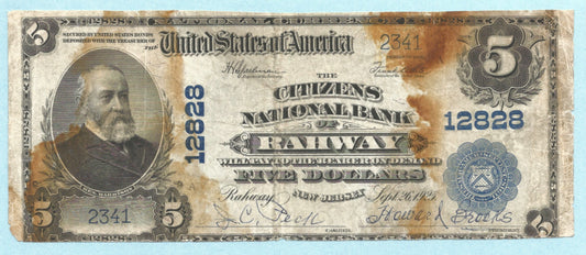 $5 National Currency 1902 PB - Ch#12828 - Citizens NB, Rahway, NJ - F+