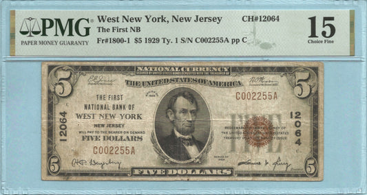 $5 National Currency 1929-T1 Ch#12064 - 1st NB of West New York, NJ - PMG 15