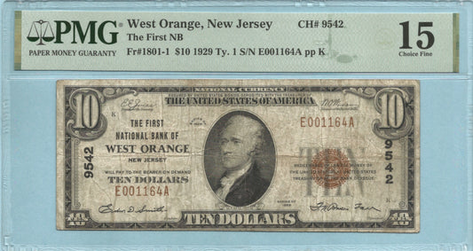 $10 National Currency 1929-T1 - Ch#9542 - 1st NB, West Orange, NJ - PMG 15