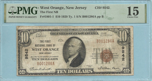 $10 National Currency 1929-T1 - Ch#9542 - 1st NB, West Orange, NJ - PMG 15