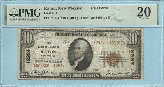 $10 National Currency 1929-T2 - Ch#12924 - 1st National Bank, Raton, NM - PMG 20