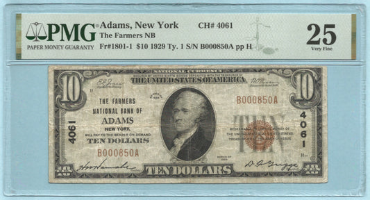 $10 National Currency 1929-T1 - Ch#4061 - Farmers NB, Adams, NY - PMG 25